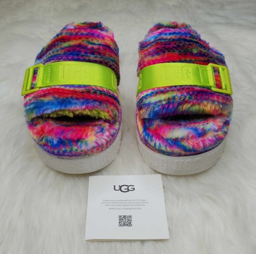 UGG Fluffita Slipper Sandals White Pixelate Multi Color Rainbow - Picture 6 of 16